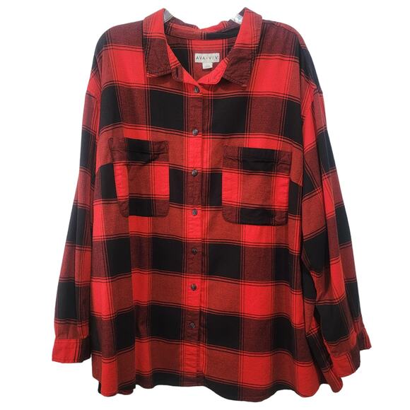 Ava & Viv Womens Black Red Buffalo Check Flannel Long Sleeve Top 3X - Picture 6 of 7
